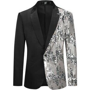 Mens Colorblocking Sequin  Silver Stylish Dinner Tux Dress Blazer Slim Fit Coat